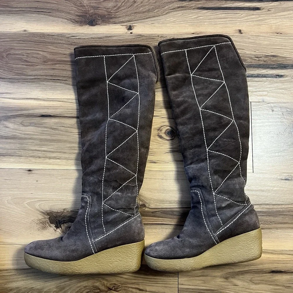 Michael Kors brown Crosby Suede Sherpa Lined Knee High Wedge Boots‎ Womens Sz 10